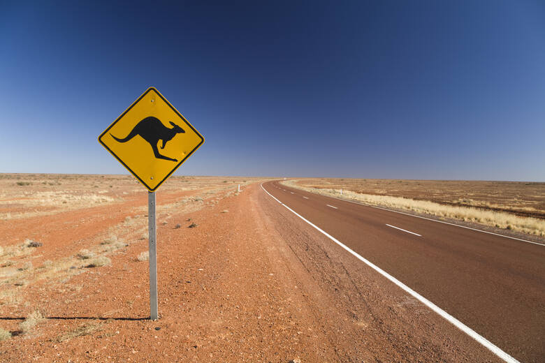 Znak drogowy z kangurem, Stuart Highway, Południowa Australia