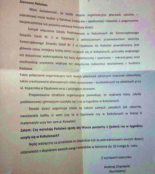 Pismo burmistrza skierowane do rodziców dzieci uczących się w Samorządowym Zespole Szkół numer 2 w Opatowie.