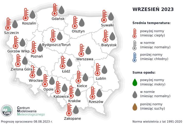 Pogoda na wrzesień. Na mapie przedstawiono prognozę dotyczącą średniej temperatur oraz sumy opadów w poszczególnych regionach Polski.