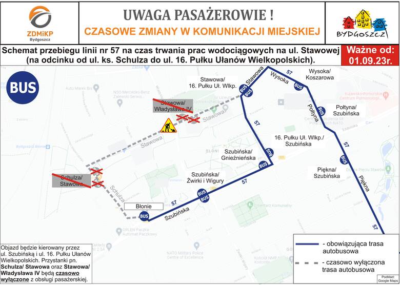 Prace wodociągowe prowadzone od 1.09.2023 r. (piątek) na ulicy Stawowej pomiędzy ulicami J. Schulza a 16 Pułku Ułanów Wielkopolskich spowodują zmianę