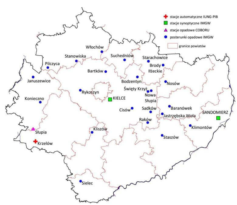 Mapa stacji i posterunków w województwie świętokrzyskim, które są podpięte pod monitoring suszy instytutu w Puławach.