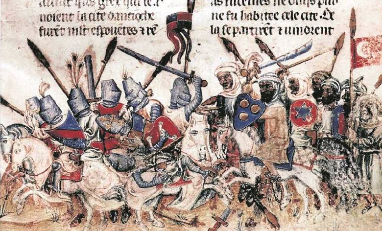Scena walki krzyżowców z niewiernymi, ukazana na średniowiecznym manuskrypcie.
