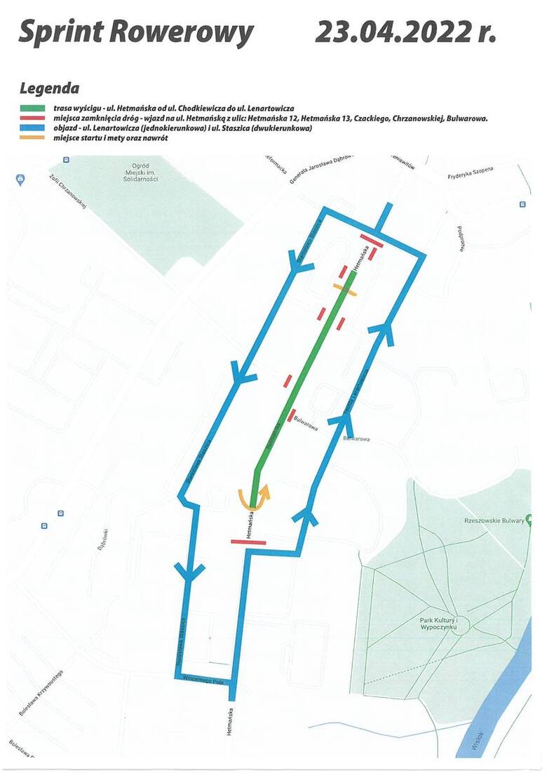 Na zdjęciu plan trasy wyścigu na ul. Hetmańskiej zaznaczony kolorem zielonym i objazdów przez ul. Lenartowicza i Staszica oznaczonych niebieskim kol