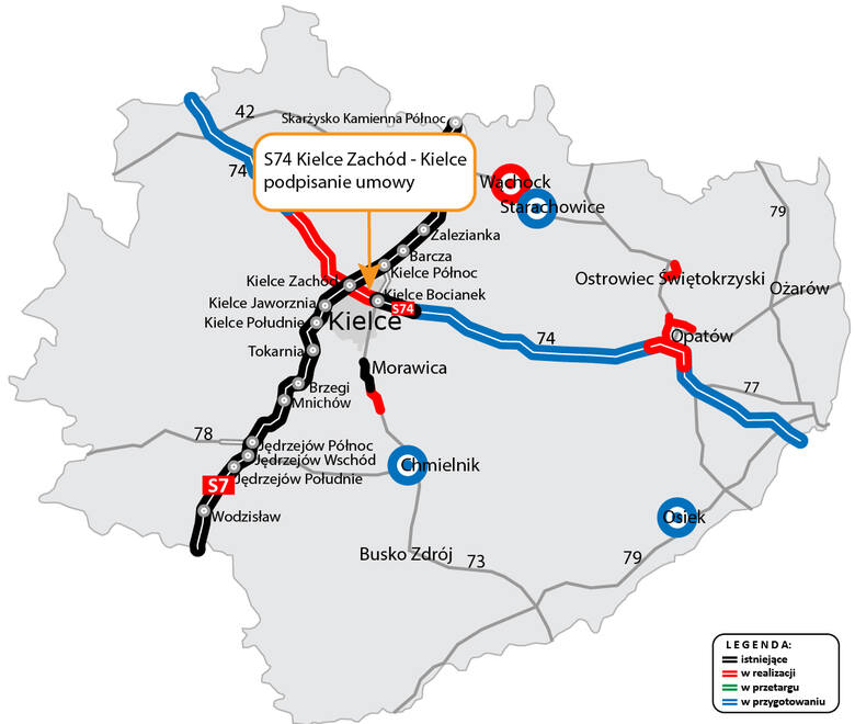 Nowy odcinek drogi ekspresowej S74, o długości około 5 km, połączy węzeł Kielce Zachód na skrzyżowaniu z drogą ekspresową S7 z węzłem Bocianek wybudowanym