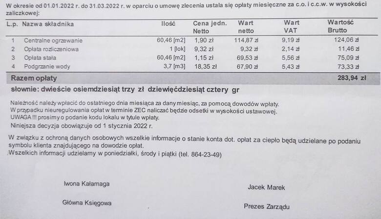 Rachunek mieszkańca Staszowa za ogrzewanie ze stycznia 2022 roku