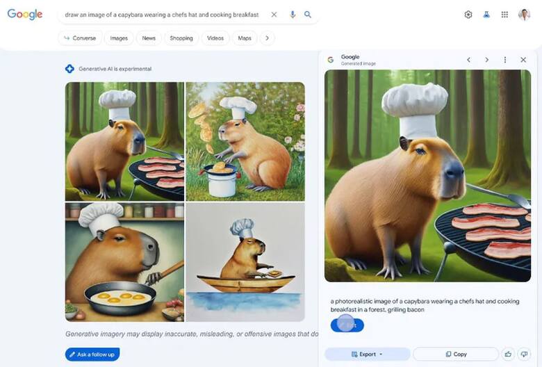 Kapibara w czapce kucharskiej - kreator graficzny SI od Google