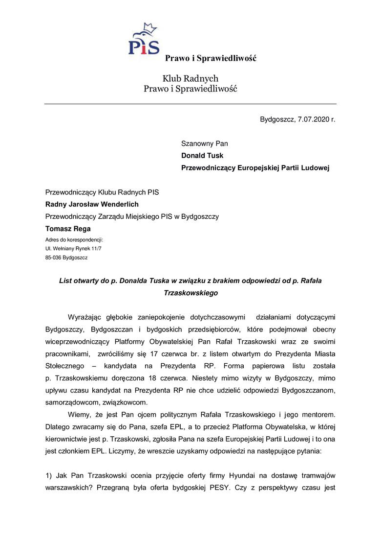 Klub Radnych PiS z Bydgoszczy wystosował list do Donalda Tuska