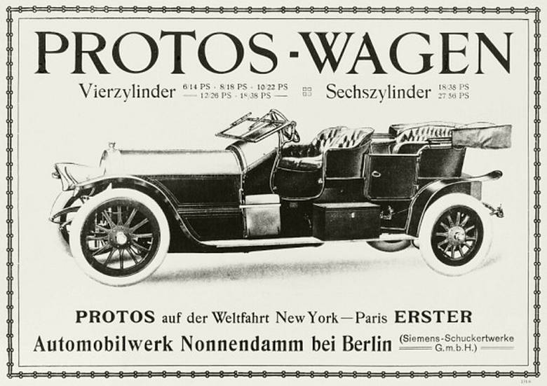 Ogłoszenie prasowe z około 1910 roku. Siemens chwali się sukcesem Protosa w wyścigu Nowy Jork - Paryż