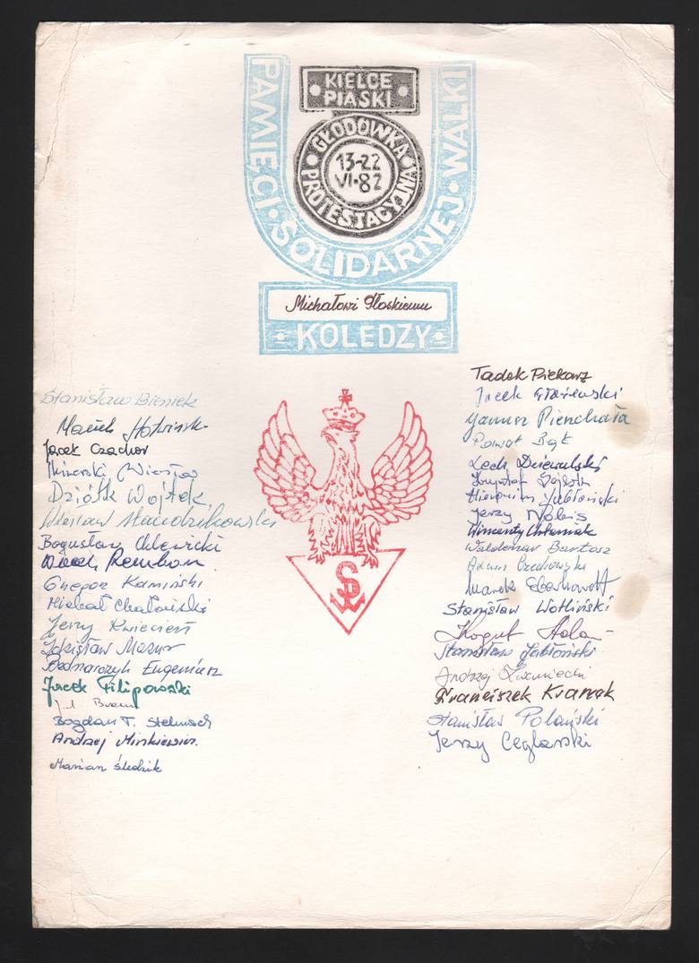   Dyplom dla Michała Płoskiego za podjęcie głodówki protestacyjnej w czerwcu 1982 roku w ośrodku dla internowanych na kieleckich Piaskach<br /> <br /> 