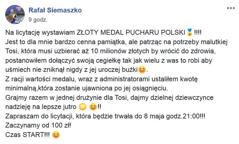 Rafał Siemaszko chce pomóc ciężko chorej dziewczynce. Przekazał medal za Puchar Polski na licytację
