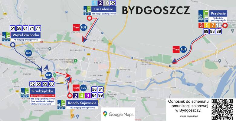 Ile parkingów Park&Ride mamy w Bydgoszczy?Cały system tworzy 5 parkingów położonych przy ważnych węzłach komunikacyjnych:► Parking Las Gdański