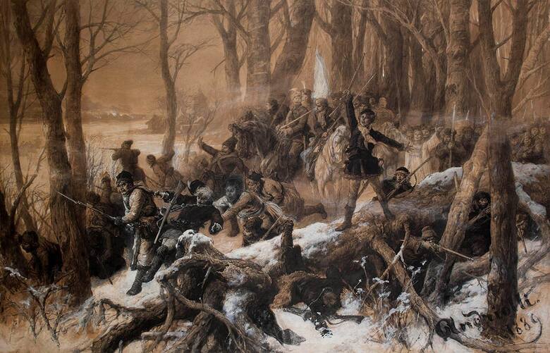 Obraz Michała Elwiro Andriolliego przedstawiający walki powstańców w 1863 roku