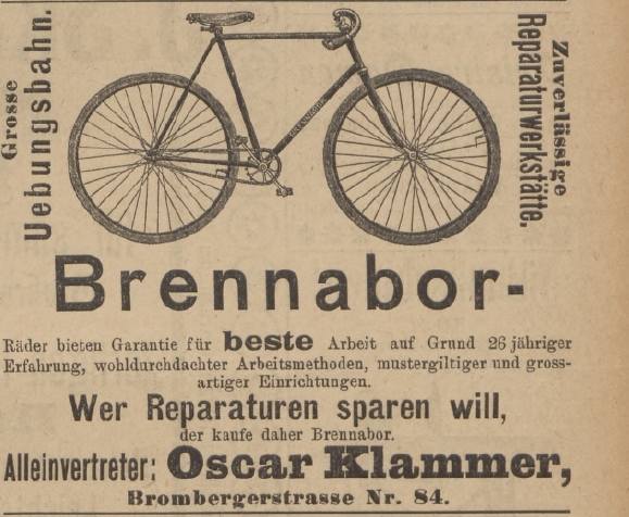 A to reklama Oscara Klammera, który 120 lat temu posiadał warsztat i rowerowy tor przeszkód na Bydgoskim Przedmieściu. Tego pana również już kiedyś wspominaliśmy. Oscar Klammer jako pierwszy w Toruniu reklamował swój warsztat samochodowy - również przy ul. Bydgoskiej 84.
