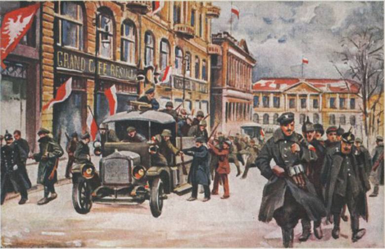 Obraz Leona Prauzińskiego - powstańcy wielkopolscy przekazują zgromadzoną wcześniej broń