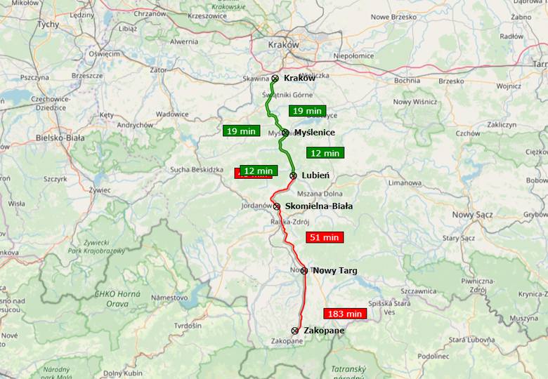 Rekordowo długi czas przejazdu Zakopianką - z Zakopanego do Nowego Tragu w trzy godziny (źródło: nadrodze.info, stan z godz. 13:50)