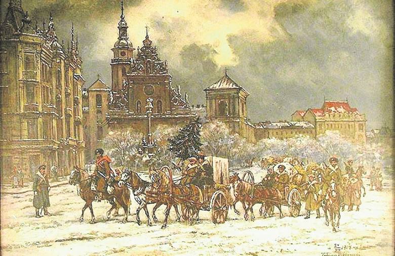 Rosyjscy żołnierze we Lwowie na obrazie Tadeusza Rybkowskiego &quot;Wigilia 1914&quot;.