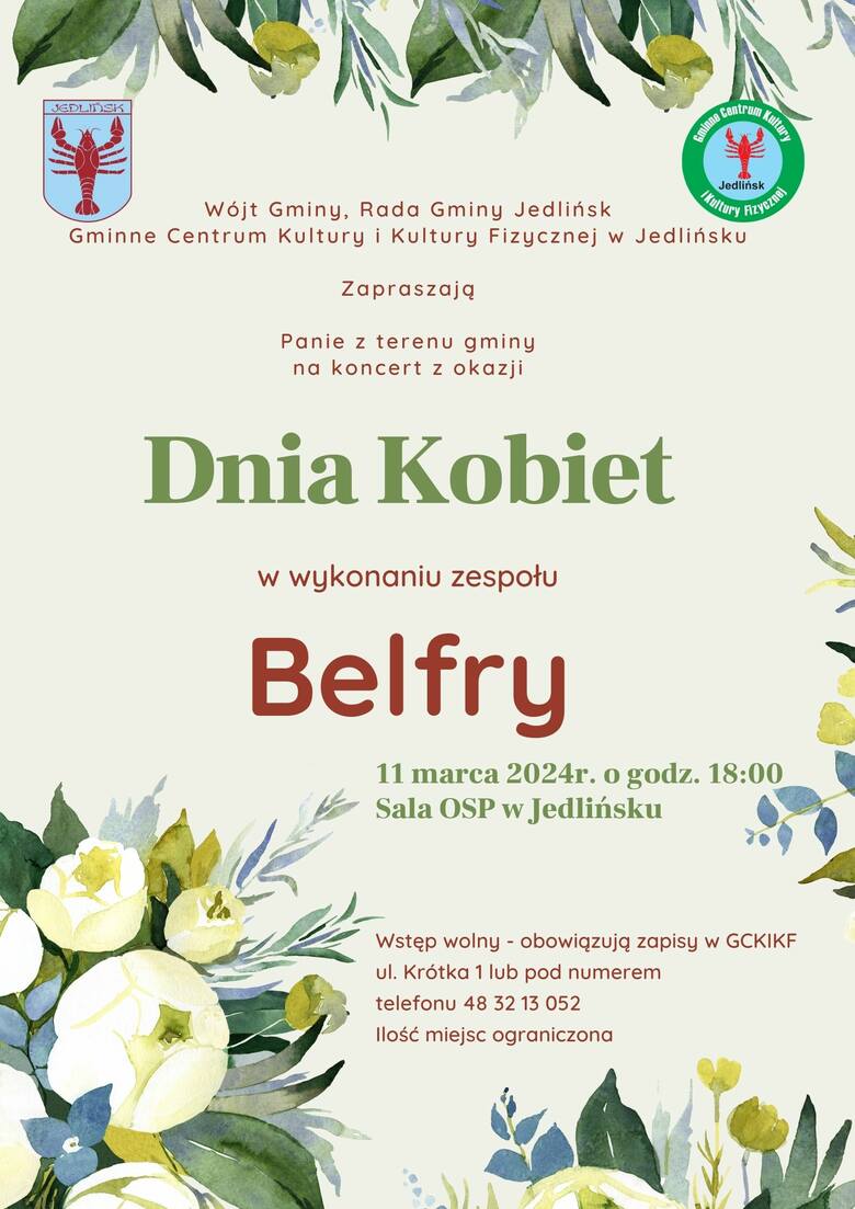 Koncert zespołu Belfry w Jedlińsku z okazji Dnia Kobiet. Wstęp wolny