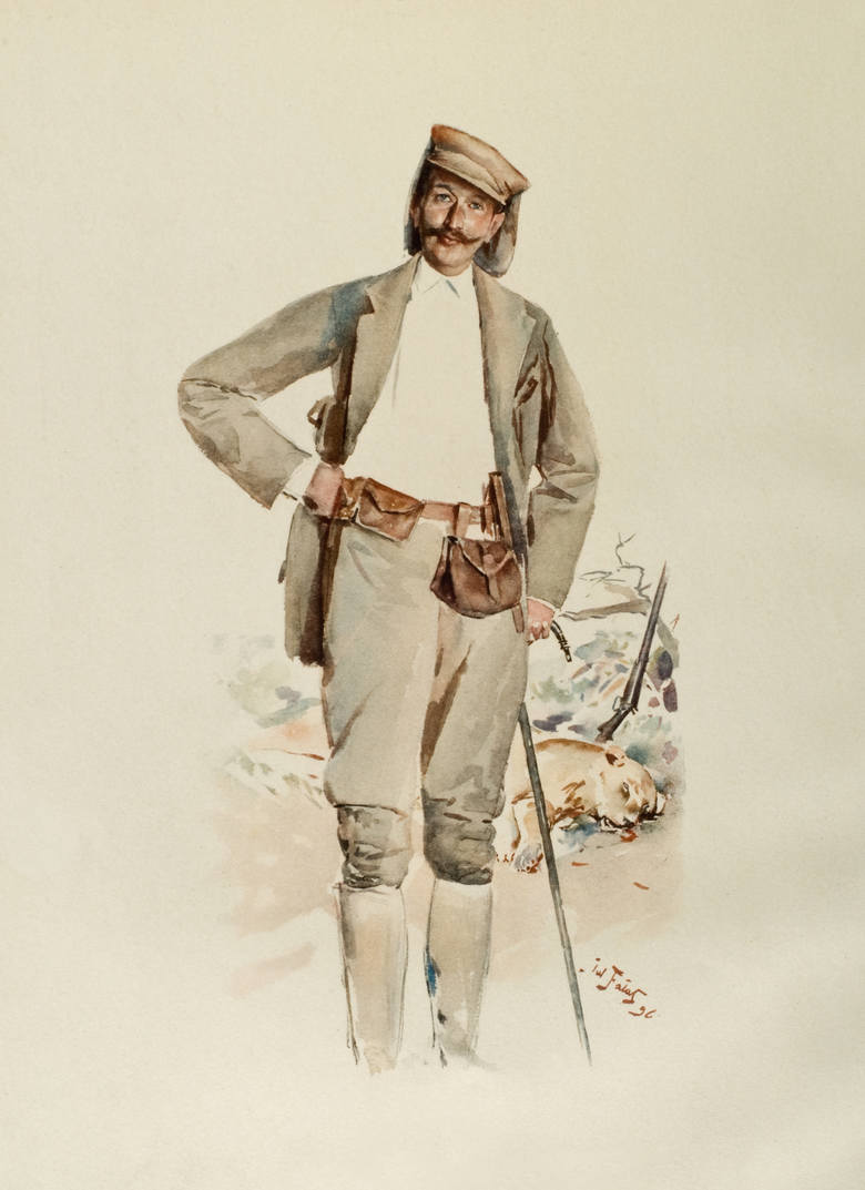 Julian Fałat, Józef Potocki na polowaniu w Afryce w 1896 roku, repr. J.Potocki, "Sport in Somaliland' London 1900