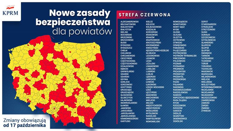 Strefy czerwone i strefy żółte - lista powiatów od 17 października 2020