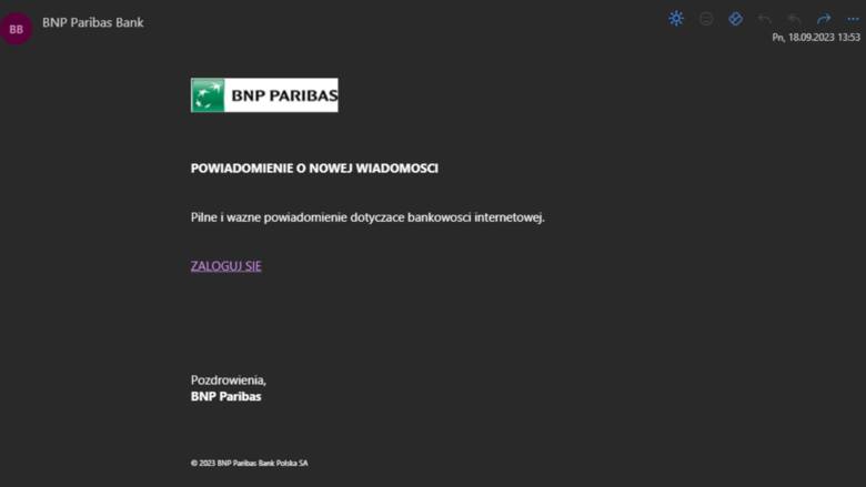Fałszywa wiadomość e-mail z banku BNP Paribas