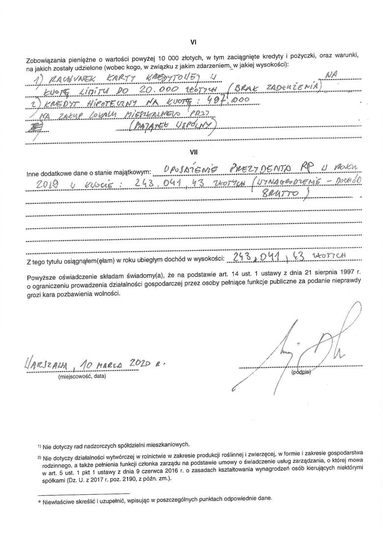 Oświadczenie majątkowe prezydenta Andrzeja Dudy. Ponad 250 tys. zł majątku, dwa mieszkania, działka i kredyt na 497 tys. zł