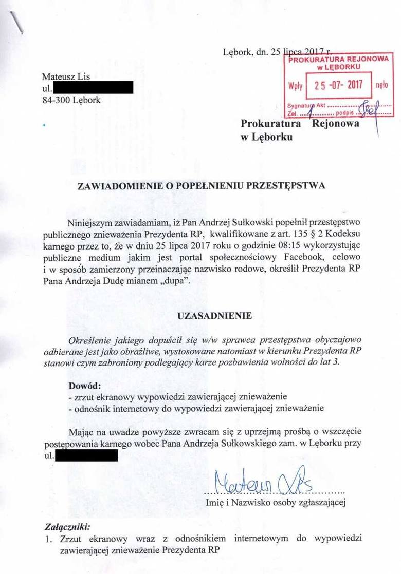 Mieszkaniec Lęborka odpowie za przekręcenie nazwiska prezydenta Andrzeja Dudy? 