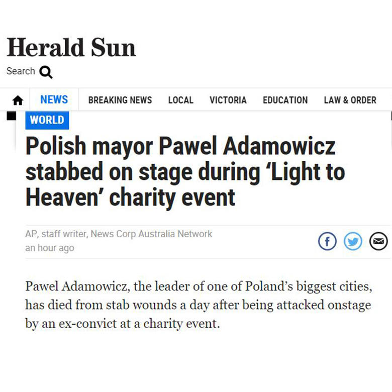 Australijski portal Herald Sun opisuje szokujący filmik z miejsca zdarzenia, który ilustruje moment ataku na prezydenta Gdańska. „Video dowodzi, że atak nastąpił naprzeciwko wielkiego, świętującego tłumu.” Herald przytacza także słowa ministra Joachima Brudzińskiego, który podkreślił, że...