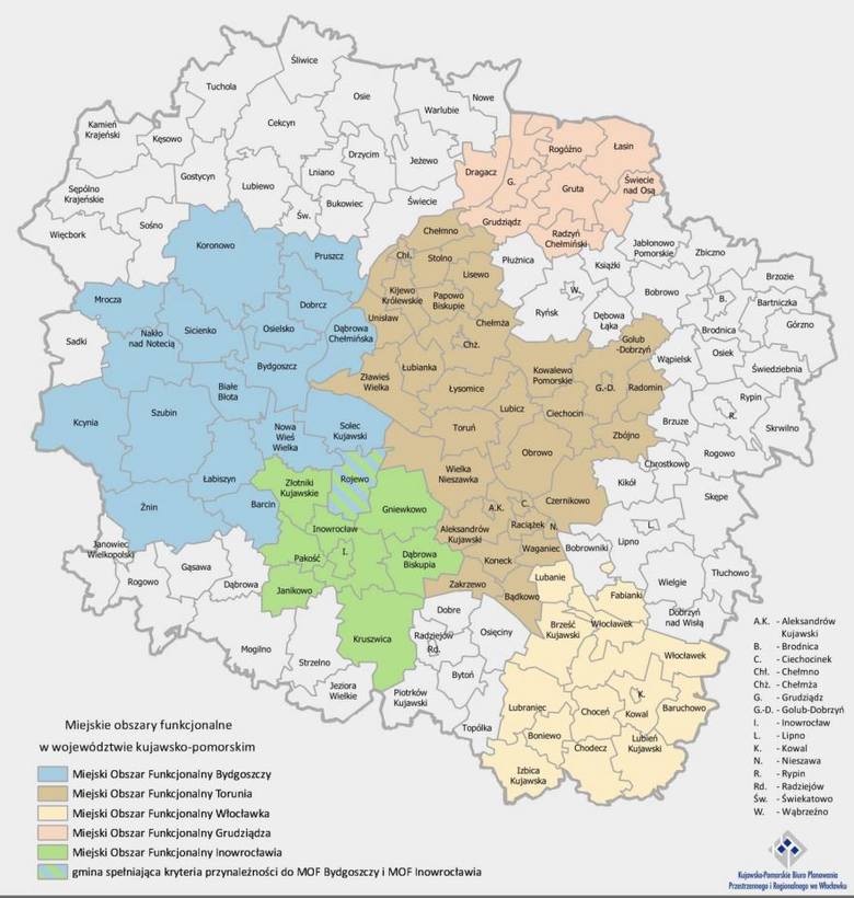 Mapa pokazująca Miejskie Obszary Funkcjonalne - Bydgoszczy, Torunia, Włocławka, Grudziądza i Inowrocławia.