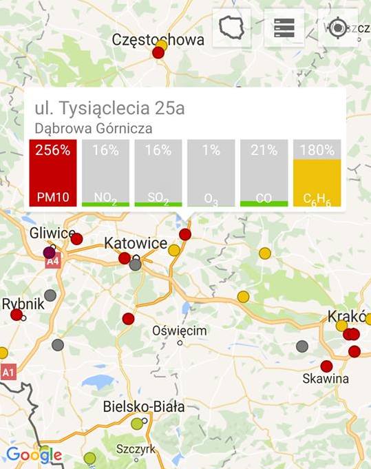 Dąbrowa Górnicza 256 proc. pył zawieszony PM10<br /> <br /> <br /> Smog w Żywcu, Tychach i Gliwicach. To właśnie w tych miastach w czwartek rano mamy najwięcej zanieczyszczeń w powietrzu. Przekroczenia norm występują w większości województwa śląskiego. Jak podają niezależne aplikacje...