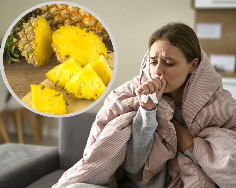 Młoda chora kobieta z kaszlem i ananas na dolegliwości