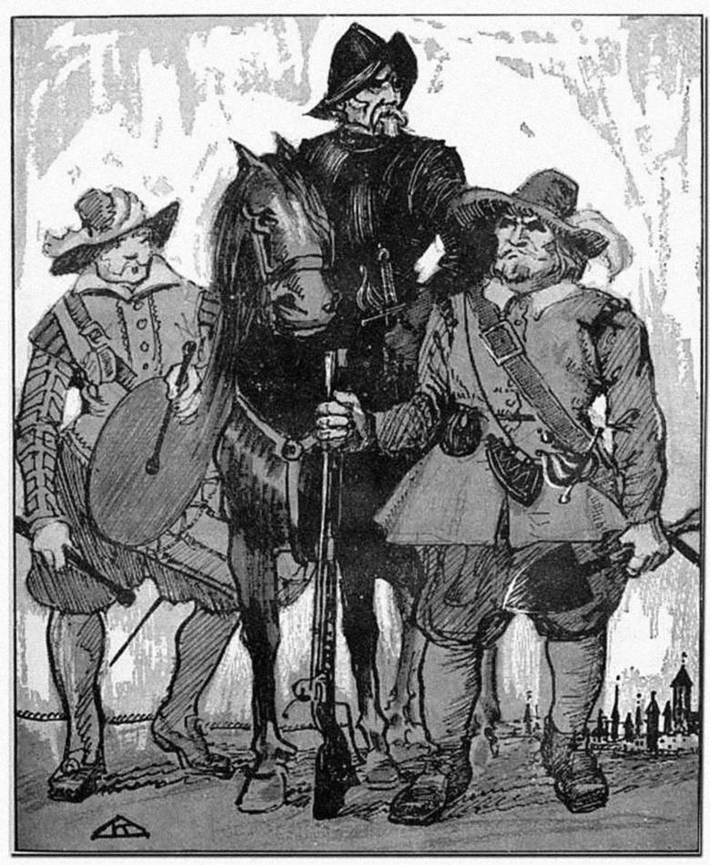 Szwedzcy żołnierze z armii Gustawa Adolfa: dobosz, rajtar i muszkieter