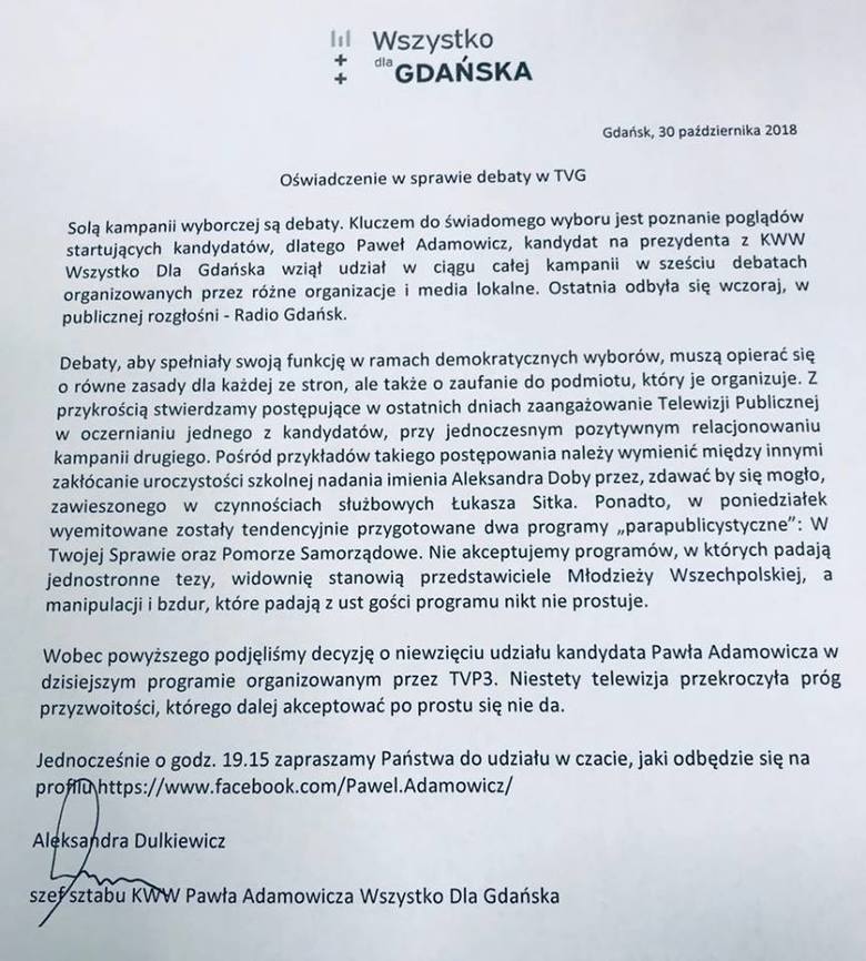 Płażyński krytykuje Adamowicza: Pan prezydent z nieznanych mi powodów, odmówił udziału w debacie organizowanej przez 