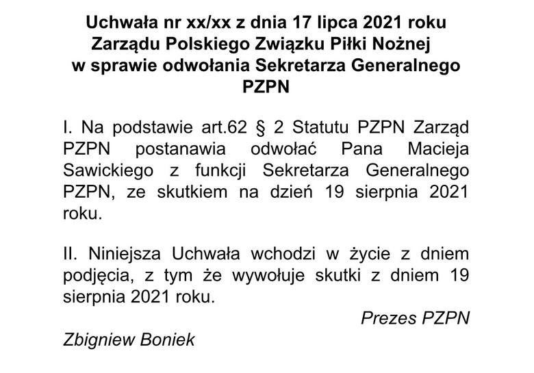Sekretarz generalny Maciej Sawicki odchodzi z PZPN. 