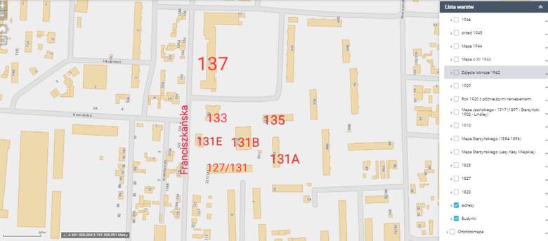 Mapa struktury własności działek w Łodzi z podziałem na nazwy ulic i numery budynków.