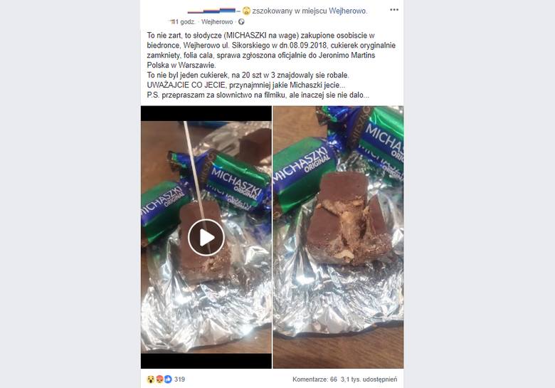 Robaki w popularnych czekoladowych cukierkach na wagę w dużej sieci sklepów znalezione w Wejherowie. Białe robaczki w słodyczach [ZDJĘCIA] 