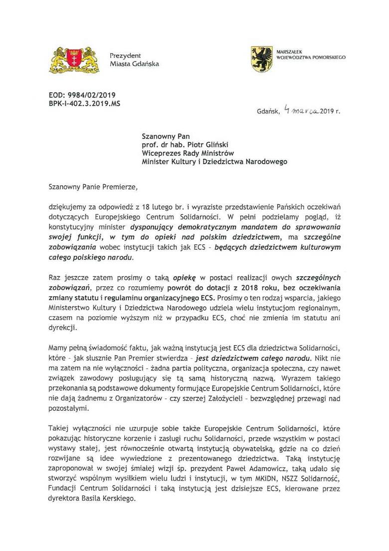 Spór o ECS. Min.Gliński wystosował list do Aleksandry Dulkiewicz i Mieczysława Struka w sprawie ECS. Nadeszła odpowiedź od władz Gdańska
