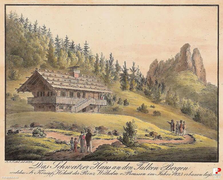 Das Schweitzer-Haus willa w stylu szwajcarskim w Górach Sokolich wybudowana w 1823 r., na polecenie księcia pruskiego Wilhelma HAkwaforta kolorowana,