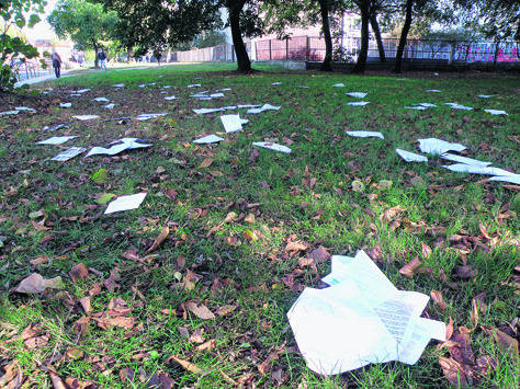 Dokumenty i materiały reklamowe leżały rozrzucone na trawniku, na odcinku około 50 metrów. 