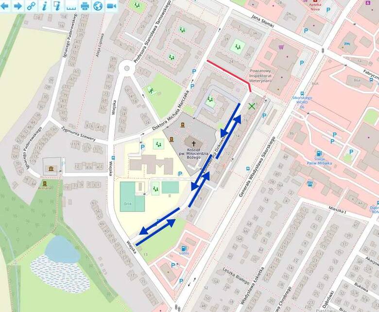 Zaznaczony czerwonym kolorem odcinek ulicy Konfederacji Dzikowskiej w Tarnobrzegu zostaje czasowo zamknięty. Niebieskie strzałki wskazują kierunki j