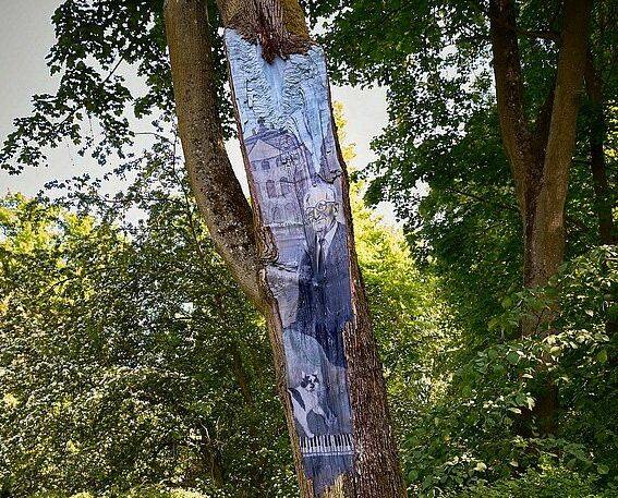 Tak prezentuje się wizerunek Andrzeja Szwalbego na drzewie w Ostromecku.