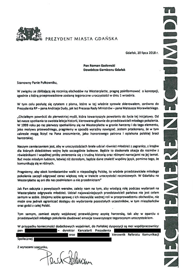[b]Na stronie MON opublikowane jest pismo prezydenta Adamowicza, które skierował do Dowódcy Garnizonu Gdańsk.