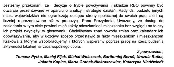Fragment listu do prezydenta Majchrowskiego