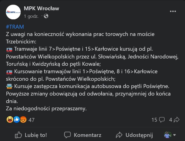 Dwa wykolejenia w okolicach ul. Trzebnickiej we Wrocławiu. MPK informuje po fakcie o 
