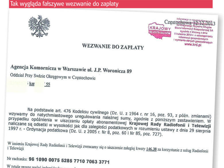 Fałszywe wezwanie do zapłaty wygląda bardzo wiarygodnie. Jego nadawcą jest Agencja Komornicza w Warszawie mieszcząca się przy ul. J.P. Woronicza 89.