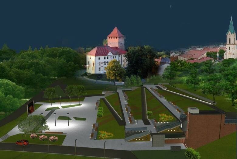 Wizualizacja terenów na bulwarach w Oświęcimiu po zakończeniu prac związanych z budową parkingu podziemnego i zagospodarowania terenu