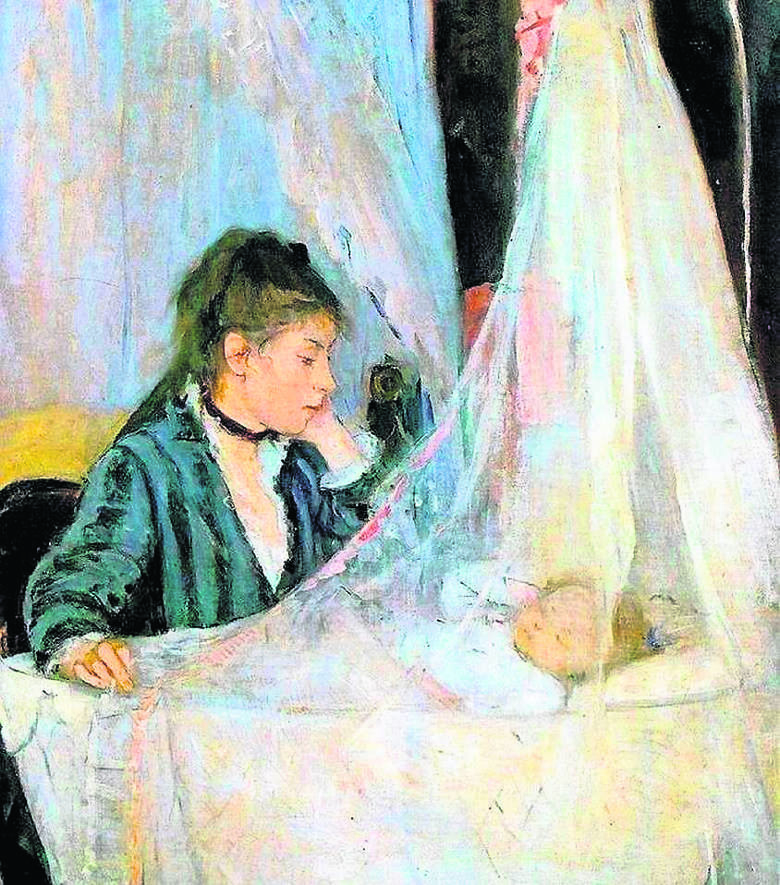 Berthe Morisot â€žKoÅ‚yskaâ€�. Obraz przedstawia siostrÄ™ artystki EdmÄ™ Pontillon pochylonÄ… nad cÃ³reczkÄ… Blanche