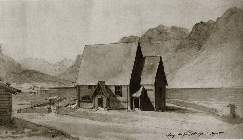 Tak wyglądała oryginalna Świątynia Wang w Norwegii. Rysunek został wykonany przez F.W. Schiertza w 1841 r.