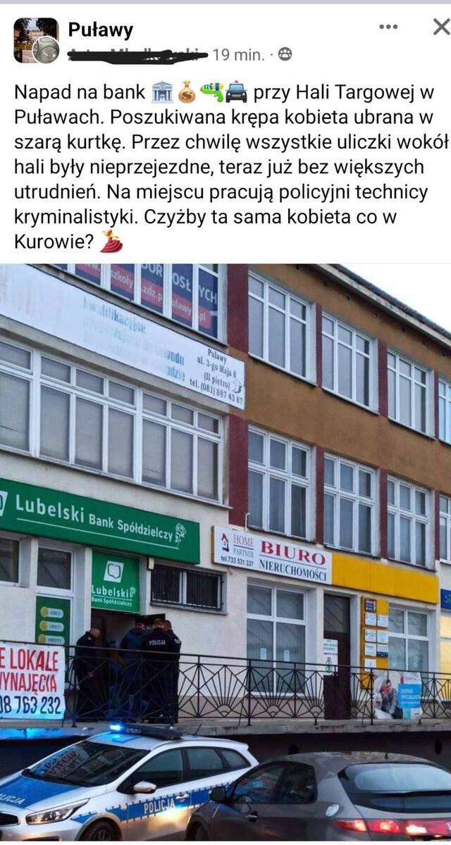 Kolejny napad na bank, tym razem w Puławach. Znów kobieta z nożem. 