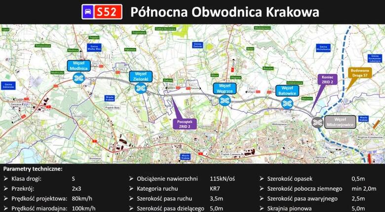 Przebieg Północnej Obwodnicy Krakowa pomiędzy węzłami Modlnica i Mistrzejowice