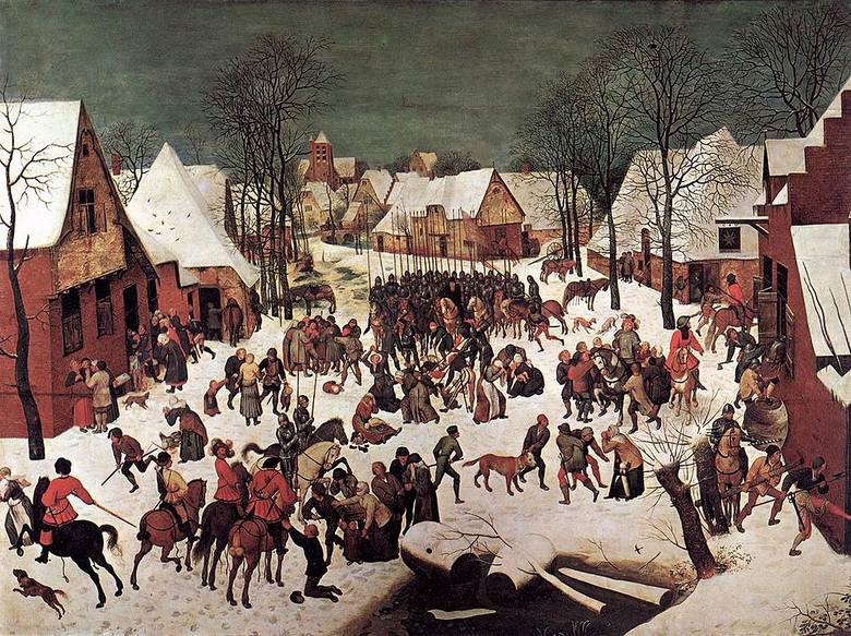 „Rzeź niewiniątek” autorstwa Pietera Bruegla starszego. Obraz miał wydźwięk polityczny. Krytykował politykę przemocy i krwawych represji, jaką zaprowadził książę Alba w zbuntowanych Niderlandach (1567-73)<br /> 